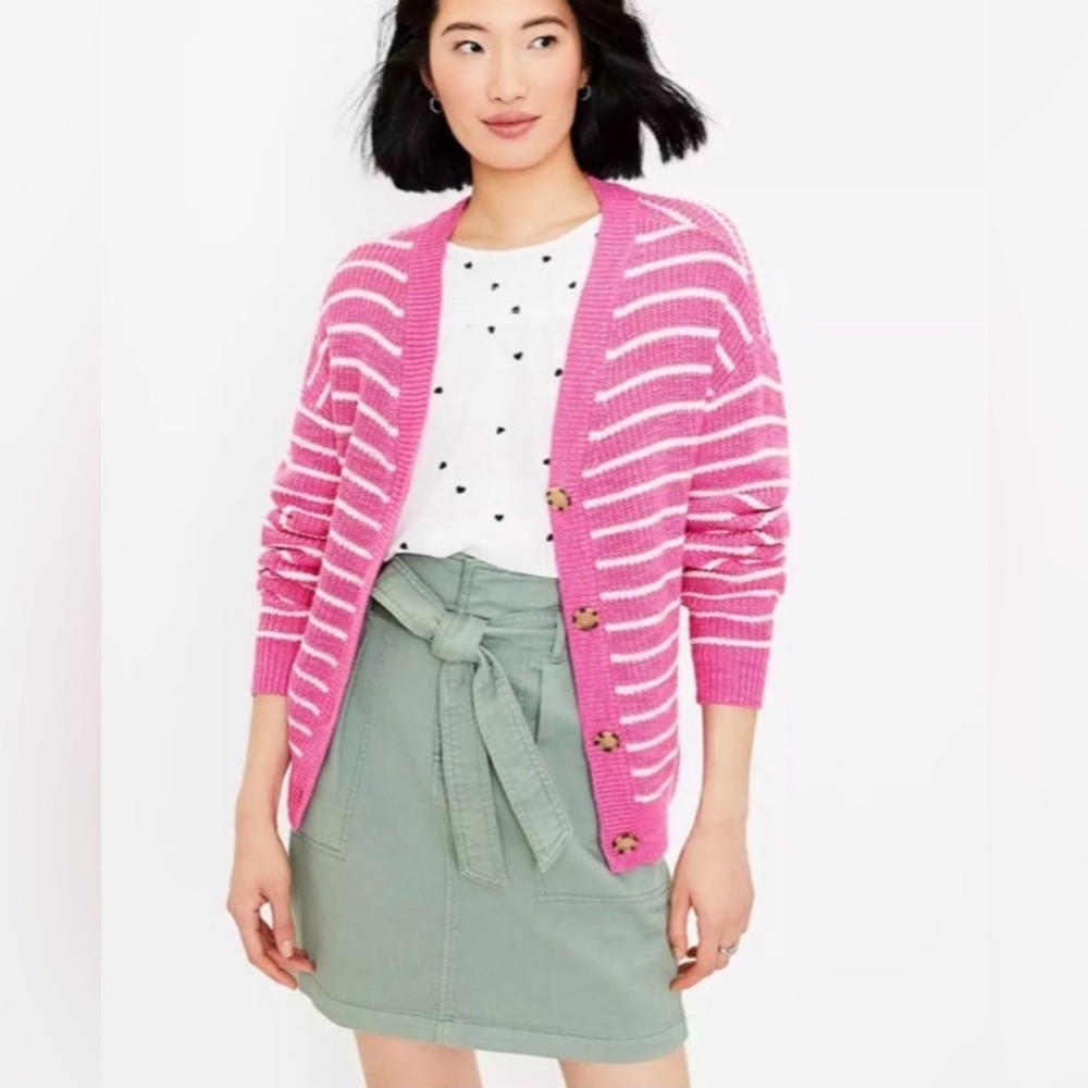 LOFT Striped Relaxed V-Neck Cardigan sweater pink & white preppy casual sz L - Picture 2 of 16